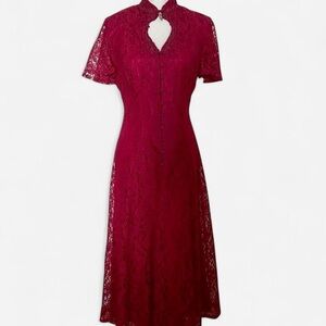 Elegant Lace Midi Dress in Deep Red